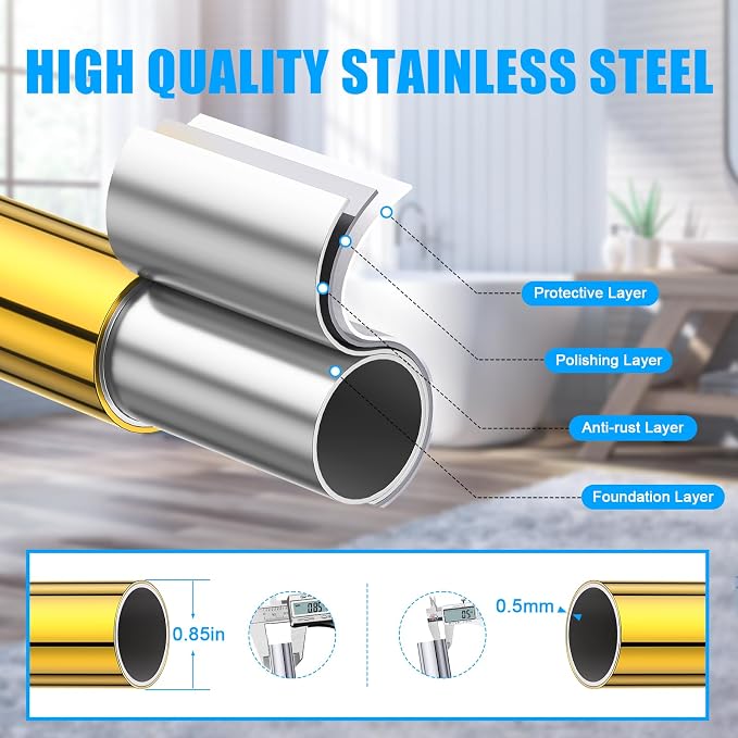 TEECK Shower Curtain Rod, 27-76 inch Adjustable Spring Tension Curtain Rod, Never Rust Anti-Slip Shower Curtain Rod for Bathroom, No Drilling, Never Collapse, Easy to Use, Gold