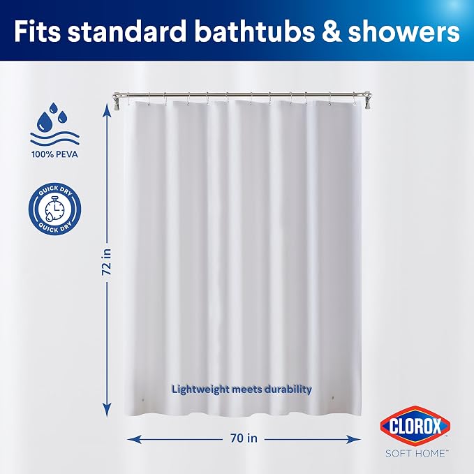 Clorox Shower Curtain Liner, Premium Lightweight Flexible Waterproof 3g PEVA for Bathroom with Weighted Magnets, Standard Size 70" x 72", Frosty 2 Pack