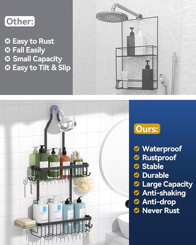 Never Rust Shower Caddy Hanging, Aluminum Shower Racks for Inside Shower, 2-Tier Shower Organizer Hanging Over Shower Head with Hooks and Soap Holder, Black