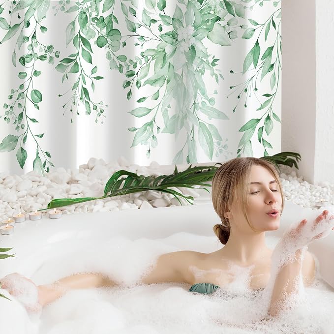 MintGreen Eucalyptus Shower Curtain, Watercolor Floral Print, 72x84 | Watercolor Plant Leaves Floral Print, Waterproof Fabric Bathroom Decor, Machine Washable, Rustproof Grommets