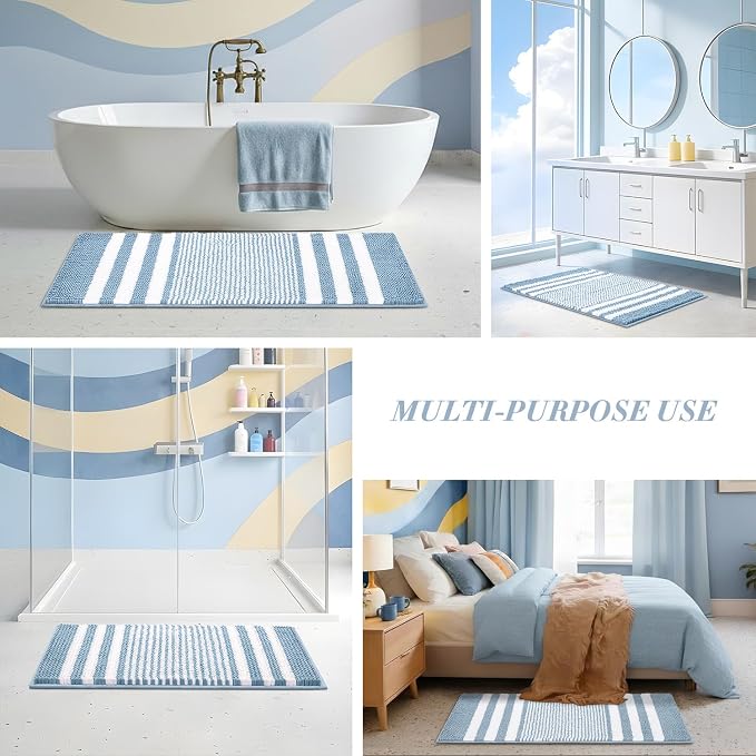 Bathroom Rugs, 30x20 Inch Extra Soft Absorbent Shaggy Chenille Bath Rugs, Non Slip Backing Quick Dry Machine Washable Modern Bath Mat for Bathroom Floor, Home Decor Accessories,Light Blue