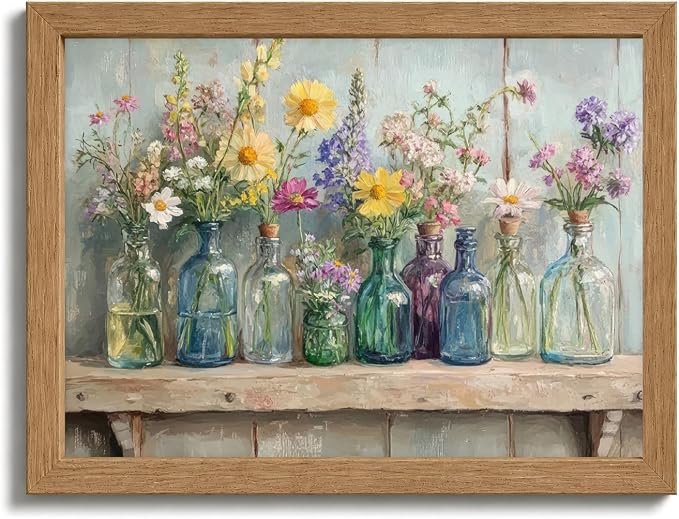 Wood Framed Farmhouse Plants Flowers Wall Art Wildflowers Colorful Glass Bottles Wall Decor Rustic Wildflower Poster Print Artwork for Bathroom Living Room Bedroom Study Room Home Decoration