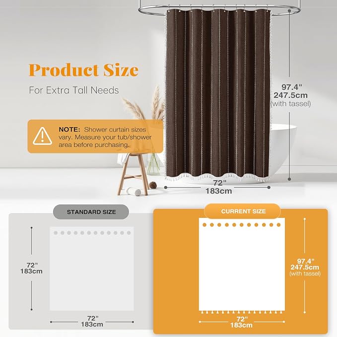 72x96 Extra Long Boho Linen Heavy Duty Cloth Shower Curtain Set, Brown | Extra Tall Size, 330GSM Linen Blend, Water Repellent, Vintage Striped Fabric, 12 Hooks, Rustic Country, Machine Washable
