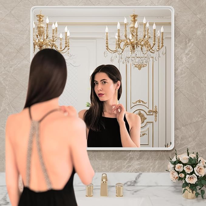 LOAAO 36x36 Inch White Metal Framed Bathroom Mirror | Rounded Rectangle Mirror, Anti-Rust, Tempered Glass, Hangs Horizontally or Vertically