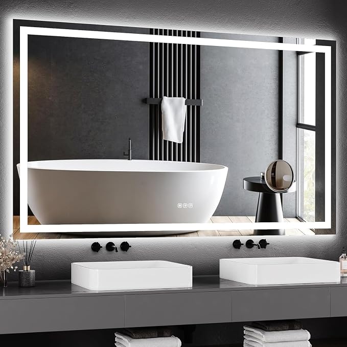 60 x 36 Inch Smart LED Bathroom Mirror，Dimmable Front + Backlit Illumination with Anti-Fog & Memory Function，Shatter-Resistant Design for Horizontal or Vertical Mounting