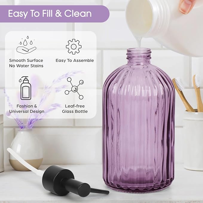 Topsky Stripe Glass Soap Dispenser with Black Plastic Pump, 400ml Liquid Hand Soap Dispenser, Rustproof Pump for Kitchen & Bathroom, Great for Lotions, Essential Oil, Liquid Soaps-Purple
