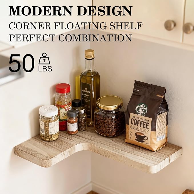 Floating Corner Shelves, Wall Shelf Set of 3, Shelves for Wall Storage, Solid Wood Shelves for Storage, Wall Mount Wooden Display Shelf for Bathroom Bedroom Kitchen Garage (Light 3Pcs)