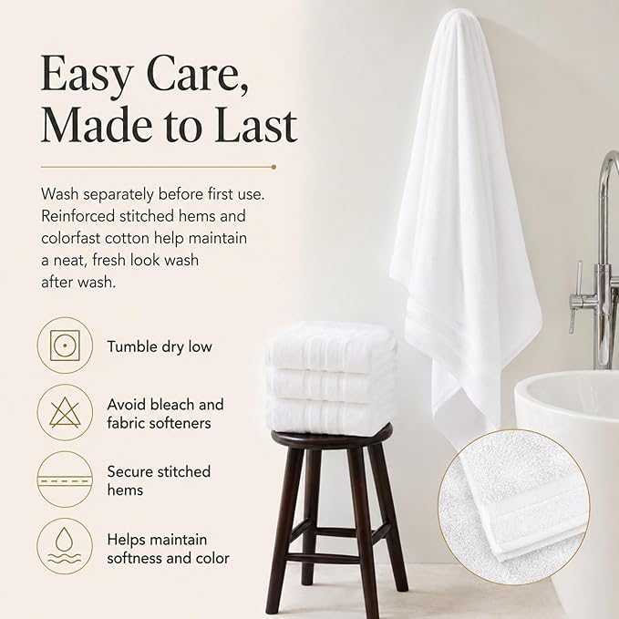 Velqora Bath Towels 2 Pack, 30x60 in, 100% Cotton, Soft & Absorbent, White | Balanced Weight | Everyday Comfort | Easy Care
