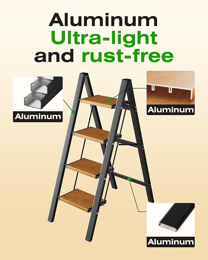 Taranta 4 Step Stool Foldable,Aluminum Step Ladder-BlackWoodgrain | Lightweight,Wide Anti-Slip Pedals,Folding Step Stool,330lbs Capacity Stepladder for Household,Kitchen,Office