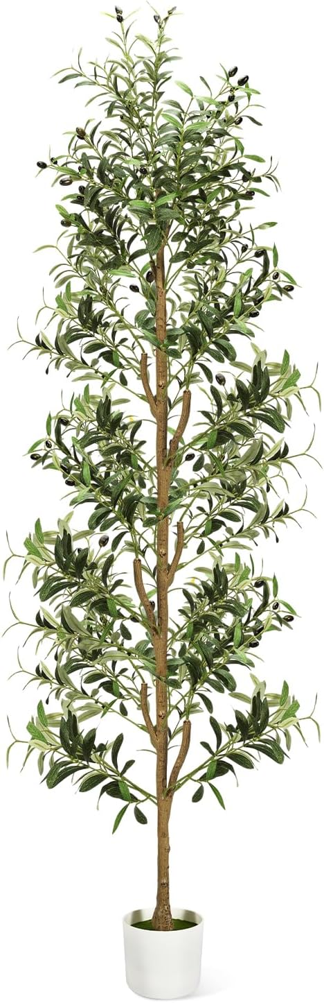Olive Trees Artificial Indoor 7Ft Tall Faux Plants Large Fake Olivos Tree | Dynamic Lighted Decor,With White Planter & Woven Basket,Realistic Branches and Fruits For Home Hotel Lobbies Office