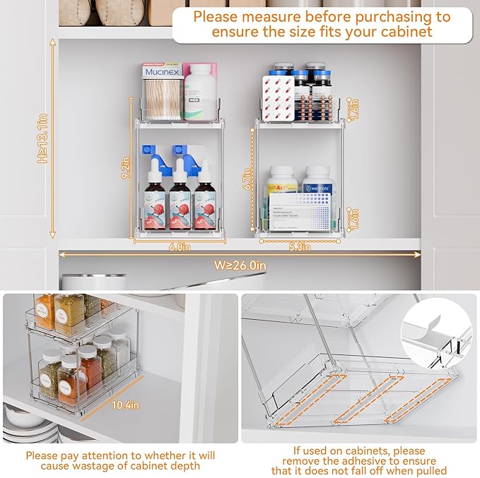 4 Set Bathroom Organizers and Storage,2 Tier Clear Under Sink Organizer and Medicine Cabinet Organizer for Kitchen,Pantry Storage,Pull Out Drawers for Skincare,Pill Bottle,Spice Organization