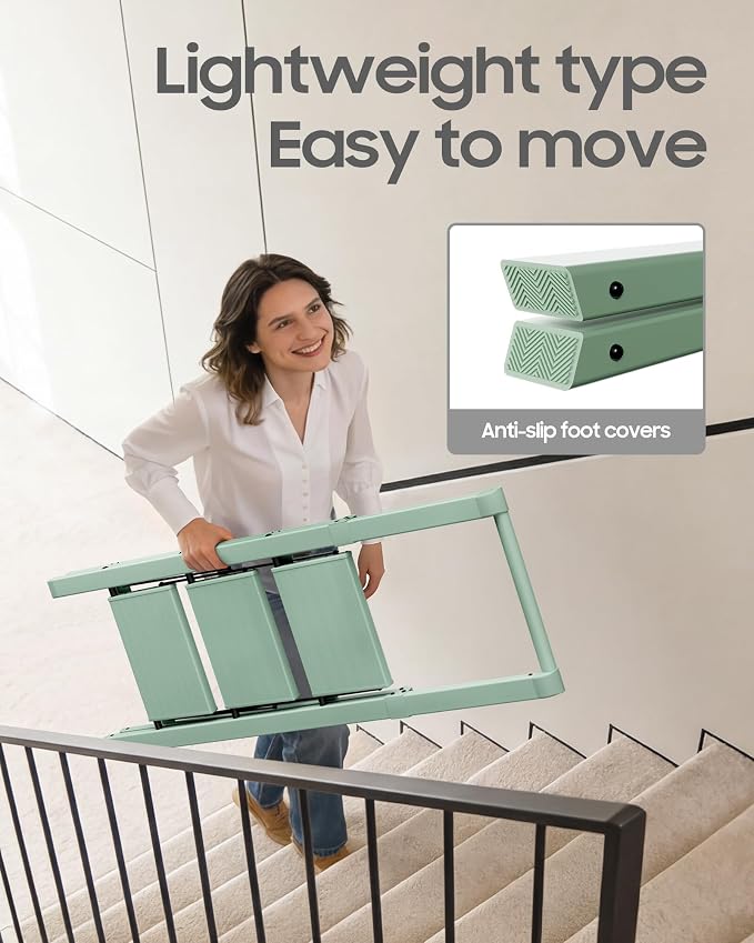 HillhutApex Aluminum 3 Step Ladder, Step Stool Foldable Ladder(Pale Green) | Stepladder with Handgrip,Anti-Slip Pedals,330lbs Capacity,Lightweight Folding Ladder for Home,Office,Libaray