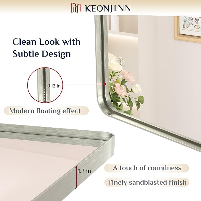 Keonjinn 48 x 36 Inch Brushed Nickel Bathroom Vanity Mirror, Aluminum Frame | HD Tempered Glass, Silver Bathroom Mirrors for Over Sink, Rust-Resistant, Rounded Rectangle, French Cleat Mount, Home Décor