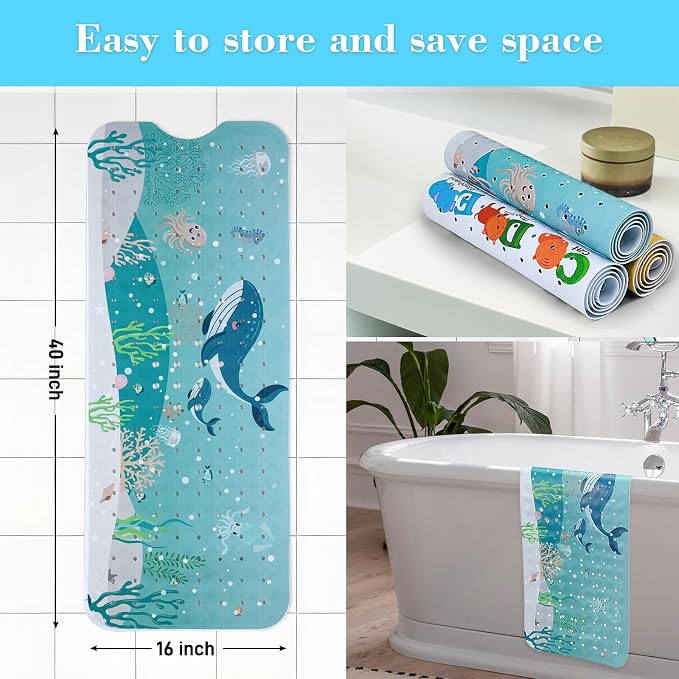 Secopad Bathtub Mat Non Slip, Cute Tub Mat, 40" x 16", 2-Whales | Rectangular, Anti-Slip, Machine Washable, with Drain Holes and Suction Cups,For Bathtub and Shower Floor, for Toddler & Kids