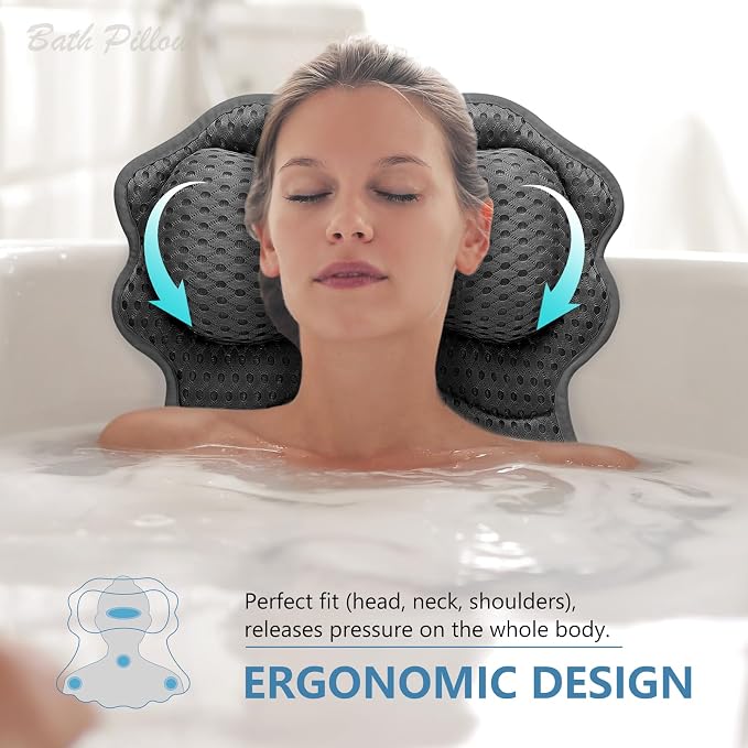 SetSail Bath Pillow, Bath Pillows for Tub Neck and Back Support, Black | Soft 4D Breathable Air Mesh Ergonomic Bathtub Pillow with 6 Strong Suction Cups and Hook Luxury Bathroom Accessories