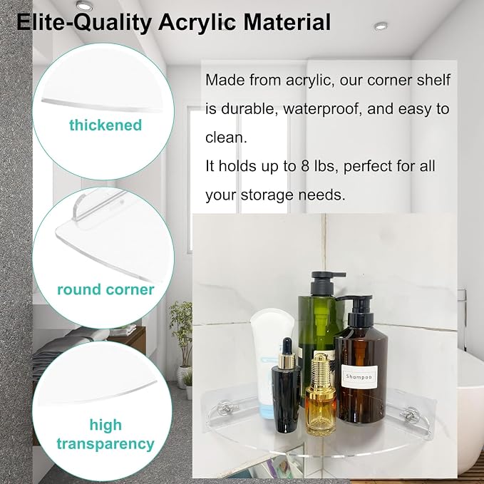 Corner Shower Caddy Shelf Rack 2 Tier Adhesive Shower Organizer Essentials - No Drilling Acrylic Bathroom Storage Rack with Hooks No Drilling Shelves (8.5"x8.5" 2 Tier Clear)