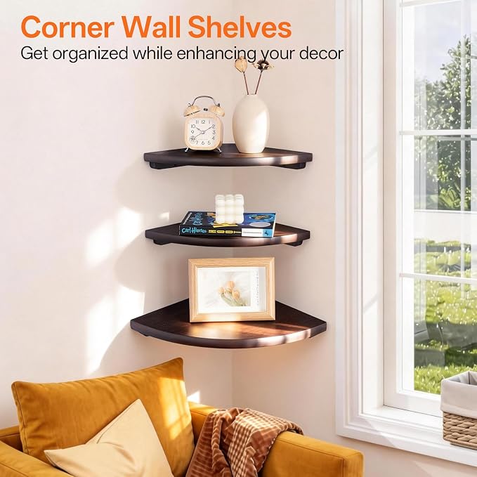 Gieanoo Corner Wall Shelf,9inch Solid Oak Wood Floating Corner Shelf with Wire Hole Corner Wall Storage Display Shelves for Living Room Bedroom Bathroom Kitchen(Walnut)