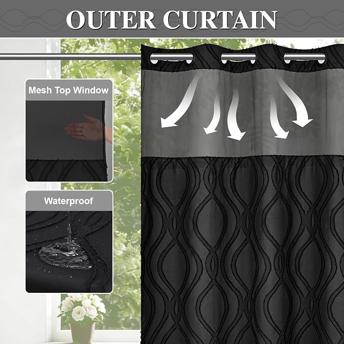 Yinhua No Hook Shower Curtain with Snap in Liner Set, 71" W×74" L, Black | Hotel Style with See Through Top Window, Washable Waterproof, Tufted Textured, Hookless Curtain for Bathroom Bathtub