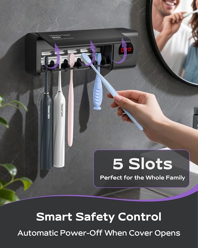 Toothbrush Holder for Bathroom Wall Mounted, Rechargeable - Black | EPA Certified; 300s Smart Timer; 2000mAh Battery; LCD Working Display; Holds 5 Toothbrushes; Easy Wall Mount