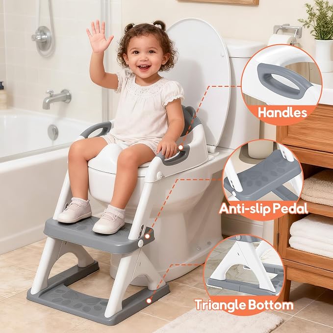 Potty Training Toilet for Toddlers, 2-in-1 Potty Training seat, Anti-Slip | SKYROKU, Fits Round & Elongated Toilets, 6 Heights, Splash Guard, Foldable, Holds 200+ lbs, Step Stool, Dishwasher Cushion