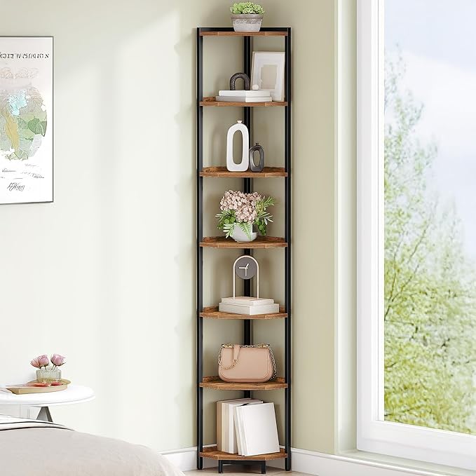 Hzuaneri Corner Shelf Stand 7-Tier Corner Bookshelf Storage Standing Shelf | Bookcase Plant Stand with Metal Frame for Living Room, Home Office, Bedroom, Rustic Brown CS07001B