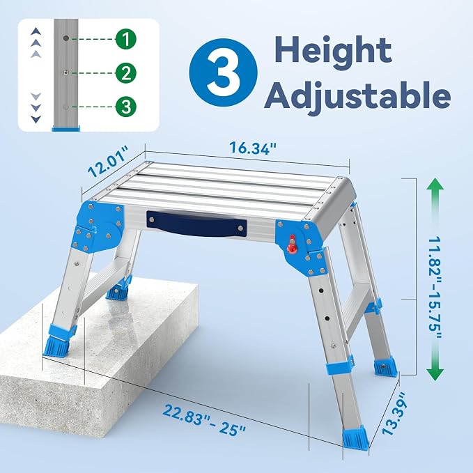 Work Platform 440 lbs with One-Touch Automatic Fold, Standard, Blue | Folding Step Stool, 3 Height Adjustment Platform Step, Perfect for RV Cleaning, Home Painting and Reaching High Places