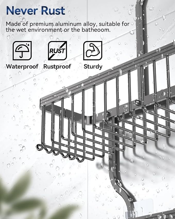 Never Rust Shower Caddy Hanging, Aluminum Shower Racks for Inside Shower, 3-Tier Shower Organizer Hanging Over Shower Head with Hooks and Soap Holder, Grey
