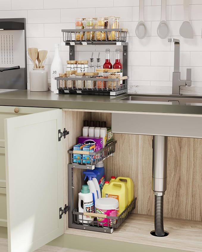 Under Sink Organizer Storage for Families: Pull Out Storage Undersink Organizers Drawer Cabinet - Sliding 2 Tier Rack Metal Organization Under Counter Kitchen Bathroom for Homemakers(Gray,2 Pack)