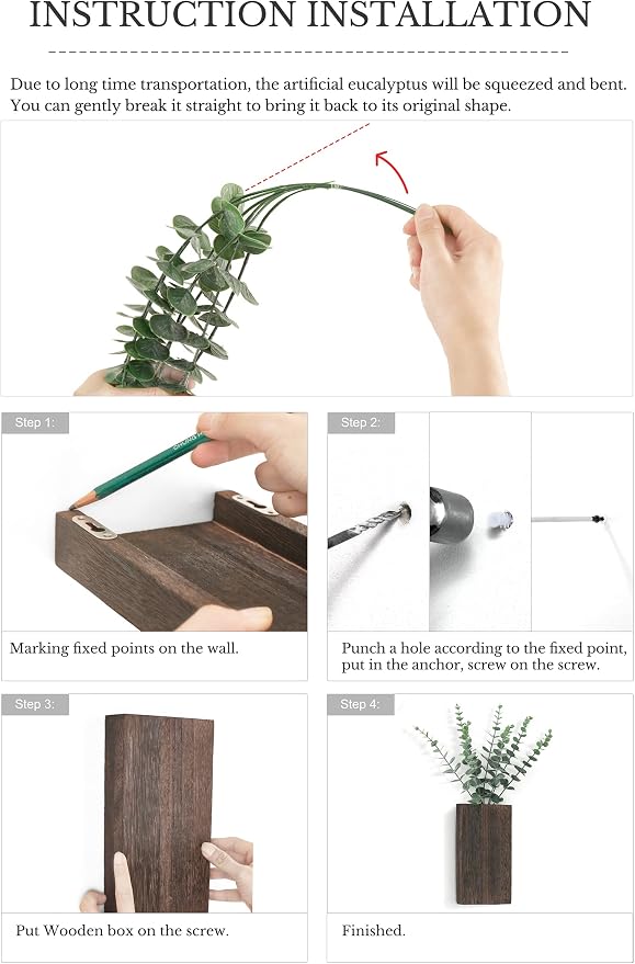 Dahey 2 PCS Wall Planter Vase with Fake Plants for Farmhouse Wall Art Decor | Lightweight Wood, Realistic Artificial Eucalyptus, Cute Hanging Decor for Bathroom Living Room Bedroom Entryway Office, Brown