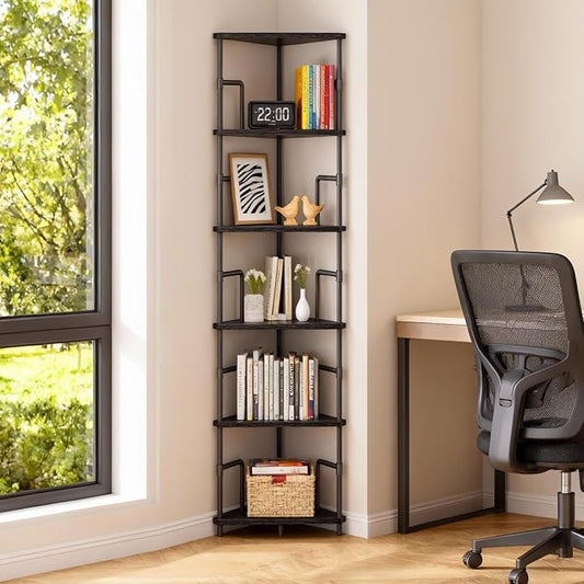 MAHANCRIS 6-Tier Corner Shelf, 65" Tall Corner Bookshelf with Metal Frame, Narrow Display Shelf Stand, Industrial Corner Bookcase for Living Room, Bedroom, Home Office, Black CSBK6601