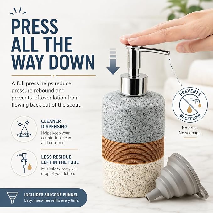 Ceramic Kitchen Dish Soap Dispenser Set with Stainless Steel Pump | Refillable Hand Soap, Shampoo and Conditioner, Body Wash, Lotion Dispenser | for Kitchen and Bathroom Counter Non Slip, 12 Oz