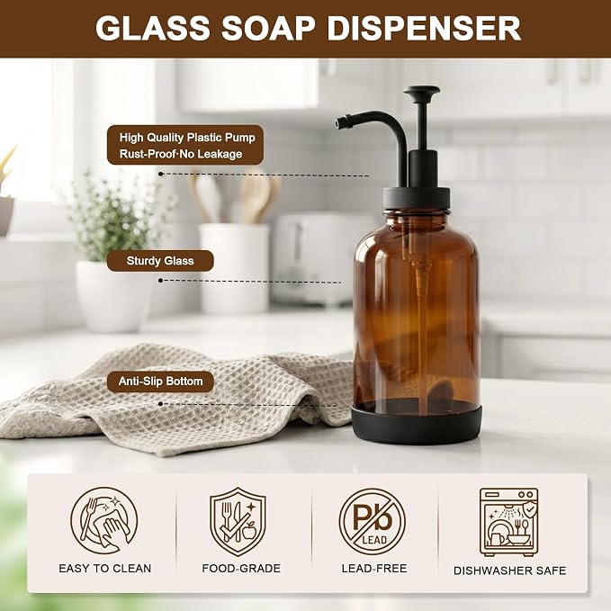Kitchen Soap Dispenser, 16.9 oz/500 ml Amber Soap Dispenser, Hand and Dish Soap Dispenser Set, Dish Brush, Refillable, for Daily Kitchen Cleaning
