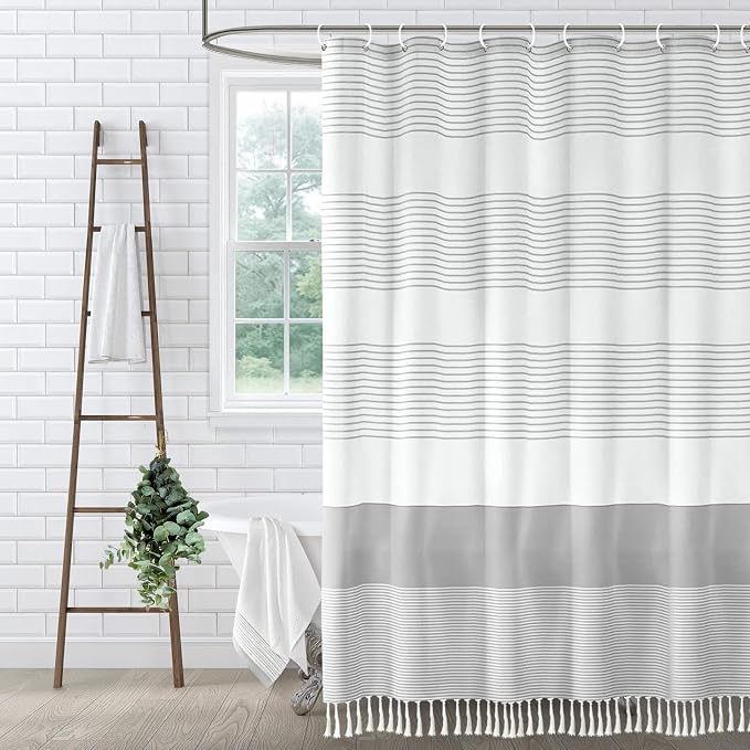 Grey Farmhouse Cotton Striped Shower Curtain with Tassel 72"W X 72"L | Boho Farmhouse Shower Curtains for Bathroom with Soft Cotton Feel