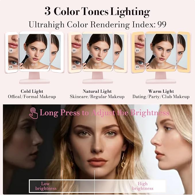 SIMETRA 15.6'' Rechargeable Makeup Mirror with Lights, 156 LED Magnification Vanity Mirror with 3 Colors Lights, 3000mAh Lighted Mirror, Touch Control Trifold Mirror for Women Travel Desk