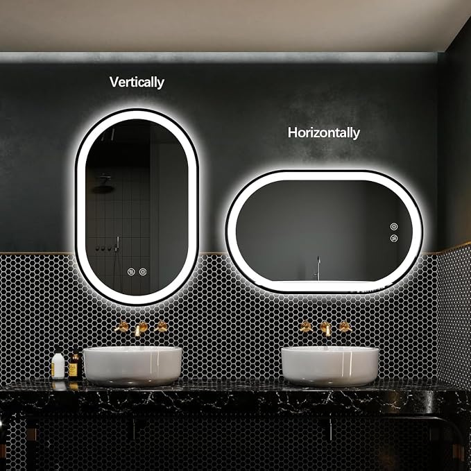Oval LED Bathroom Mirror, Backlit + Front Lit Mirror Black Frame | 3 Color Dimmable, Anti-Fog, 32"x20", Memory Function, Shatter-Proof, HD Glass, Pill-Shaped Mirror, Vertical or Horizontal