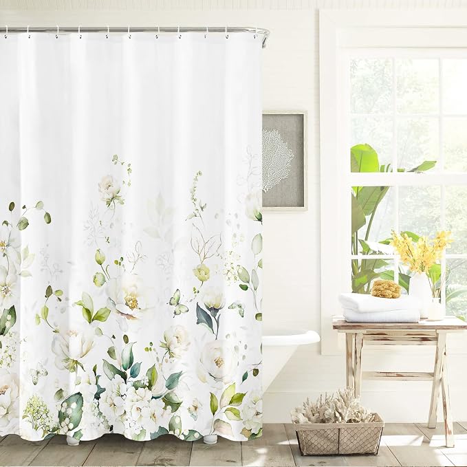 Tititex Blomming Bright White Cream Floral Shower Curtain, Watercolor Green Leaves Plant Bathroom Decoration Shower Curtain Sets 71x71 Inch with Hooks