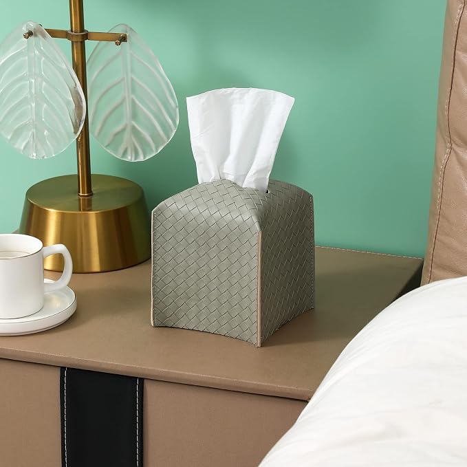 Tissue Box Cover PU Leather Tissue Holder Square Facial Tissue Case Facial Paper Organizer Dispenser for Bathroom, Vanity Countertop, Tabletop, Car, Evergreen | PU Leather，Easy to Fill, Easy Clean, Decorative Cube Tissue Box Holder for Office, Bathroom...
