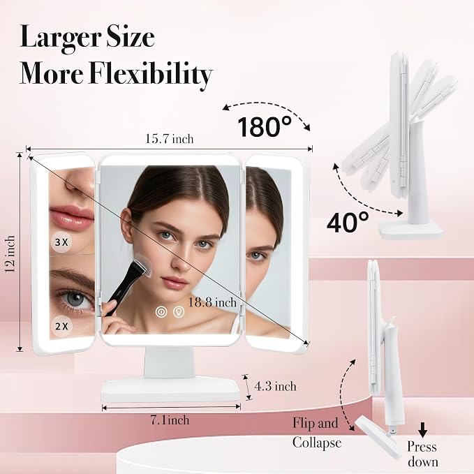 SIMETRA 15.6'' Rechargeable Makeup Mirror with Lights, 156 LED Magnification Vanity Mirror with 3 Colors Lights, 3000mAh Lighted Mirror, Touch Control Trifold Mirror for Women Travel Desk