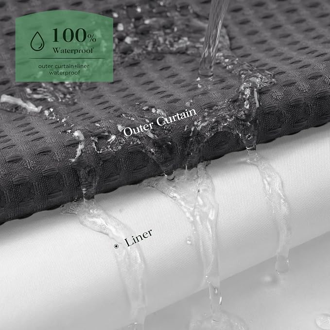 Charcoal Grey Hook Free Waffle Shower Curtain & Snap Liner,72x87 | Less Time to install, 3 in 1 Fabric Shower Curtain and Liner Set with Magnets, Extra Long, Shower Curtains for Bathroom