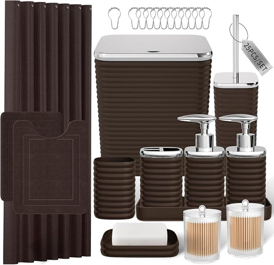 Bathroom Set - 25PC Bathroom Sets with Shower Curtain and Rugs, Brown Bathroom Set, Bathroom Accessory Set, Luxury Bathroom Accessories Set, Trash Can, Toilet Brush, Soap Dish & Soap Dispenser