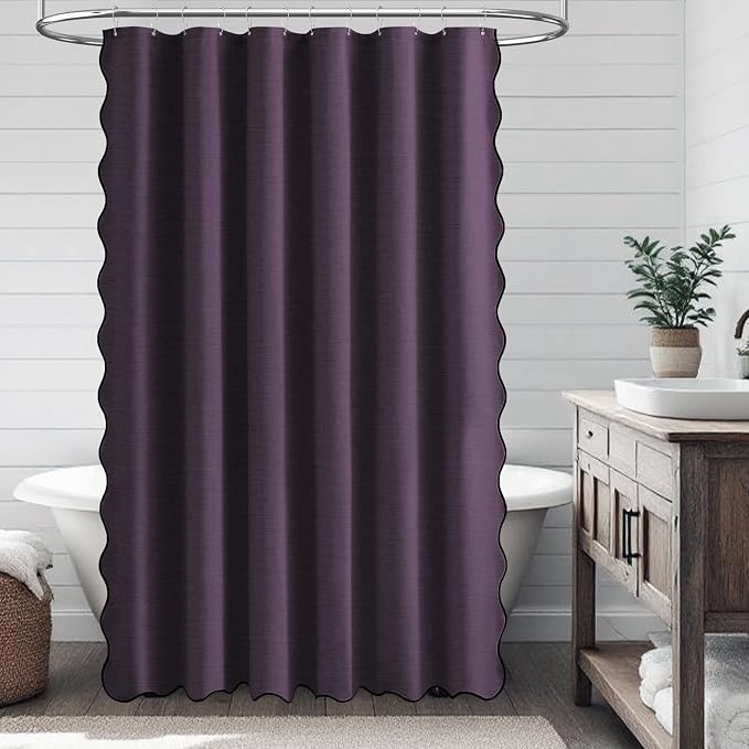 72x78 Boho Scalloped Linen Textured Cloth Shower Curtain Set, Purple | Long Size, 230GSM Waterproof Polyester, Heavy Duty Fabric, 12 Plastic Hooks, Elegant Modern Farmhouse Style, Machine Washable