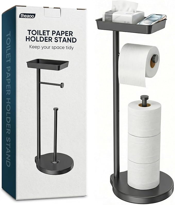 theaoo Toilet Paper Holder Stand with Shelf, Flushable Wipes Dispenser, Free Standing Toilet Tissue Roll Storage Rack Organizer for Bathroom (Black, Free Standing - with Storage)