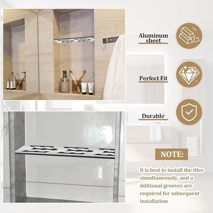 12 Inch Shower Niche Shelf Brushed Anodized Aluminum Finish Tile Insert | Rectangular Shelf For 12 Inch Tile Prefabricated Niches, Fits 1/8 Inch Grout Lines, Shower Niche Insert Brushed Anodized