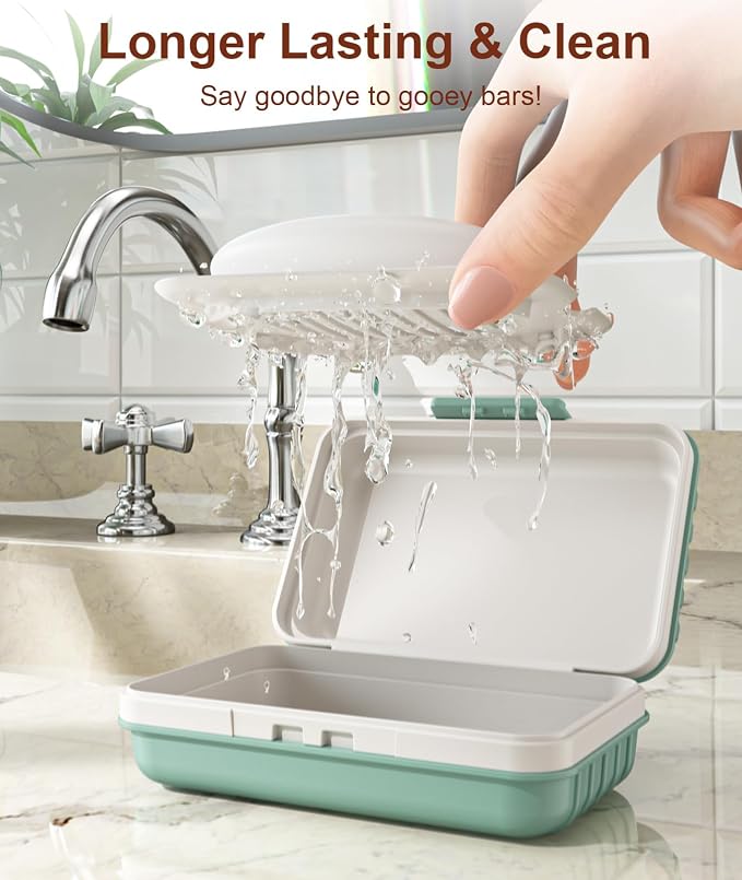 Quatish Leakproof Bar Soap Holder Dish with Lid for Shower, Portable Travel Soap Case Box for Gym, Camping, Hiking, Outdoor Use, Travel Size Toiletries Essentials, Keeps Soap Dry, GreyGreen