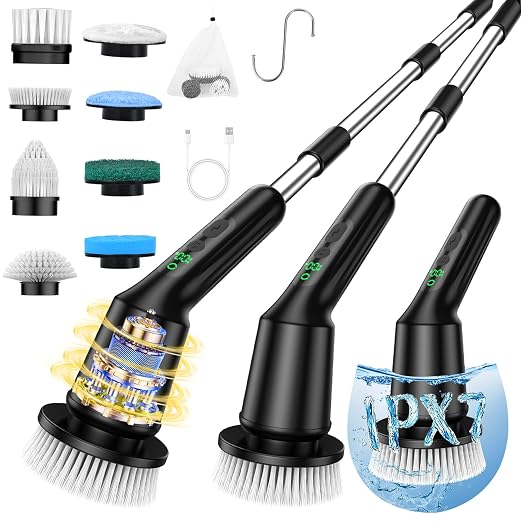 Electric Spin Scrubber for Bathroom, Shower Scrubber with Long Handle | Shower Cleaner Brushes, IPX7 Waterproof & 2 Speed, 8 Brush Heads, 90min Runtime, Bathroom Cleaning Supplies for Toilet Tub
