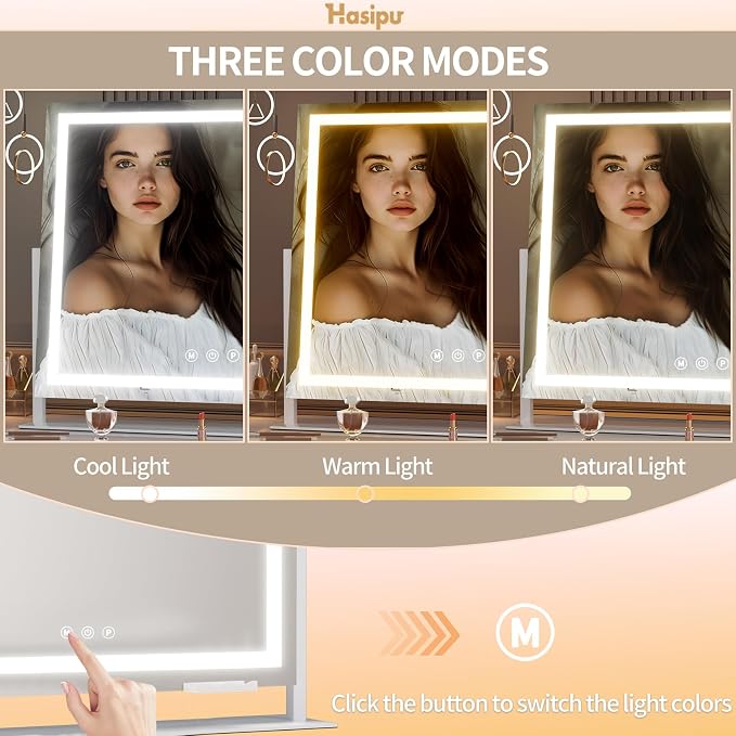Hasipu Vanity Mirror with Lights, 25.6" x 21.3" LED Makeup Mirror, Light up Mirror with 10X Magnification and Phone Holder, USB Charging Port, Smart Touch 3 Colors Dimmable, 360° Rotation (White)