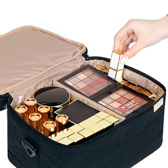 NISHEL Large Makeup Bag Organizer, Double Layer Cosmetic Travel Case | Organizer for brushes, bottles, makeup and skin care products, ideal for trips and daily use, Black, Extra Large