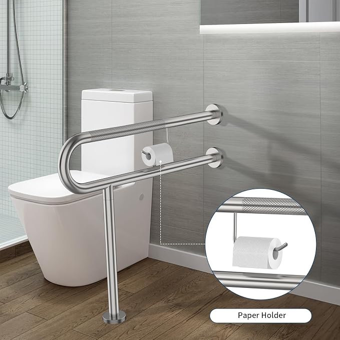 ZUEXT 31.5x28 Inch Brushed Nickel Knurled Toilet Grab Bar with Paper Holder | Wall to Floor, Anti-slip Handicap Grab Bar, Stainless Steel Bathroom Support Rail with Leg, For Elderly Disabled Pregnant