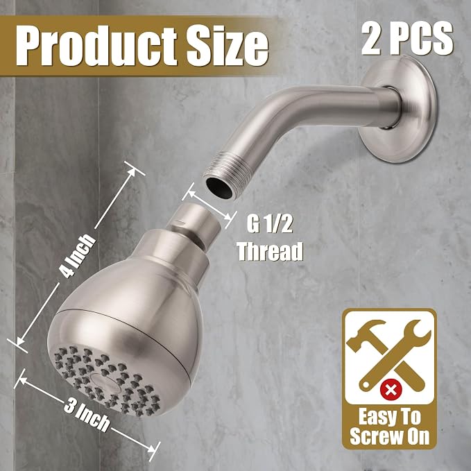 AISOSO Fixed Shower Head High Pressure 2PCS 3Inch Showerhead Brushed Nickel | 360 Rotatable Design, Self Cleaning Silicone Nozzles, Adjustable Swivel Brass Ball Joint for Relaxing and Comfortable Shower
