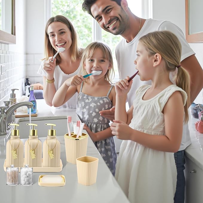 21PCS Bathroom Sets with Shower Curtain and Rugs Bathroom Accessories Set Beige Bathroom Set Complete with Trash Can, Toilet Brush, Qtip Holder & 3PCS Soap Dispenser